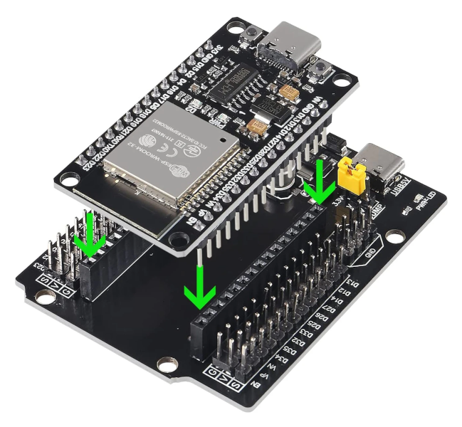 Image of the ESP32 DevKit module and accompanying expansion board