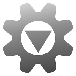 Simple image of a machine cog with an enlarged center. In the centre is a downward pointing triangle, donating a download. Everything is in a cool semi-transparent grey gradient.