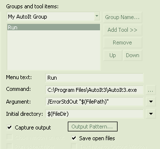 an image of the editplu user tools preferences, creating a new tool group, and inserting a RUN tool. The parameters are: Menu text:Run; Command:C:\path\to\autoit.exe; Argument:/ErrorStdOut "$(FilePath)";Initial Directory:"$(FileDir)"