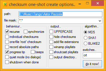 an image of checksum's one-shot hash creation dialog