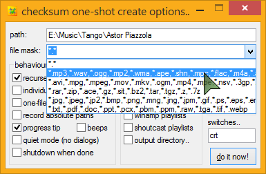 checksum creation options dialog, file types group drop-down, regular Windows masks apply