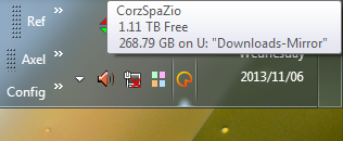 CorzSpaZio System Tray ToolTIp, displaying total space, as well as the largest single cache of space.