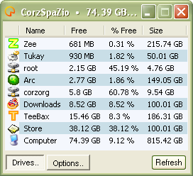 CorzSpaZio main window, showing the disks list with custom icons, in the Olive XP theme
