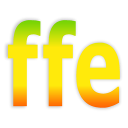 logo for ffe - FFmpeg front-end for windows. it's converting some raw video from my camera - the logo is a simple large text of the three letters, coloured from top to bottom, green, yellow, red, in a smooth gradient.
