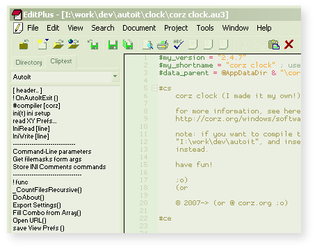 some AutoIt code, in EditPlus. On the left, the custom cliptext displays some handy functions just a click away, and in the main pane, beautifully syntax highlighted AutoIt code. The XP theme, as ever, is my very basic 2K style gentle greens, soothing, yet functional, all shallow reliefs and warm tones. The text highlighting follows a gently similar theme, with light browns and oranges, set agains the faintest olive-white background.