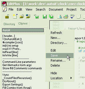 EditPlus' cliptext main context menu, with the 'Save' option selected.