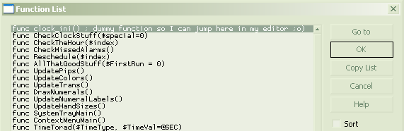 an image of the editplus functions list window - corz clock.au3 is loaded, so there's a LOT of functions, and the image is cropped below the essential features; to the right of the list can be seen the list controls; 'Go to', 'OK', 'Copy List', 'Cancel', and 'Help'. there is also a sort option beneath these buttons.