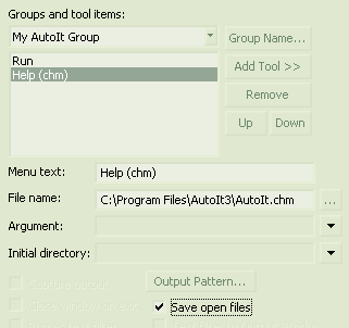an image of the editplus user tools preferences, creating a new tool group, and inserting a chm Help tool. The parameters are: Menu text:Run; Command:C:\path\to\autoit.exe; Argument:/ErrorStdOut "$(FilePath)";Initial Directory:"$(FileDir)"