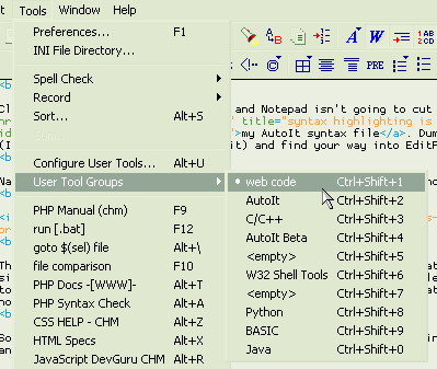an image of the editplus user tools menu, the web tools group is currently selected (cuz I'm writing a web page!)