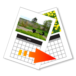 Image of two overlapping calendar pages, sloping inwards, the top-most with an image of a black dog, the bottom calendar page is yellow daffodils (the dog is obscured here). At the foot of the image is an orange arrow pointing towards the right, implying the direction of the calculation.