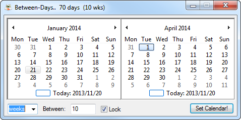 Screencap of th Bewtwen-Days main interface, basically two calendars, in my usual flattish green theme.