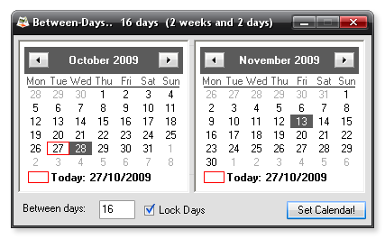 Screencap of th Bewtwen-Days main interface, basically two calendars, this time in a nice XP Black theme.