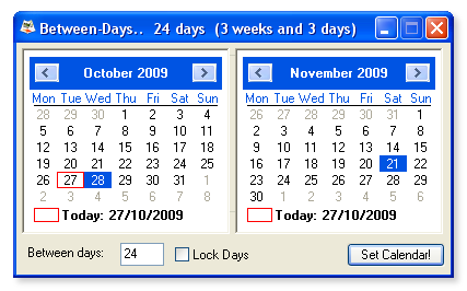 Screencap of th Bewtwen-Days main interface, basically two calendars, this time in regular XP Blue theme.