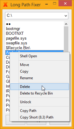 Image of Long Path Fixer context menu showing open and unlock options