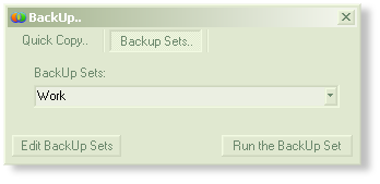 BackUp's User Interface, opened to the (default) 'BackUp Sets' tab , where you can get to your BackUp sets, edit and run them.