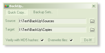 BackUp's User Interface, opened to the (default) 'Quick Copy' tab where you can make unstoppable bit-perfect copies of files and folders, even whole disks.