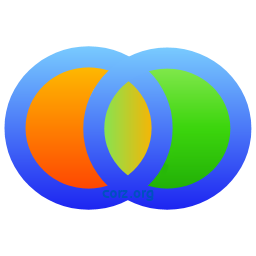 BackUp logo.. Two perfect rings, intertwined. Their thick interlocking bodies a gradient blue, the top approaching light sky, the centres filled with ther own gradient bursts, deep orange up to light on the left, likewise green on the right. In the eye, the overlap, the colours reverse and merge, creating a continuity between the deep outer moons, and inner eye. One disc represents the live data, the other the secure mirror. In the center, the eye of activity, the two become one.