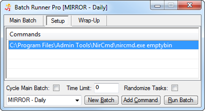 Batch Runner Pro Setup Commands Tab - here we see the ever-useful NirCmd will be emptying the recycle bin before we begin this batch