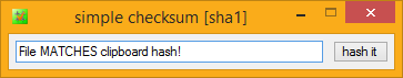 image of simple checksum window showing PLAIN, READABLE result, simply: File MATCHES clipboard hash! Note: simple checksum has automatically switched to SHA1 hashing.