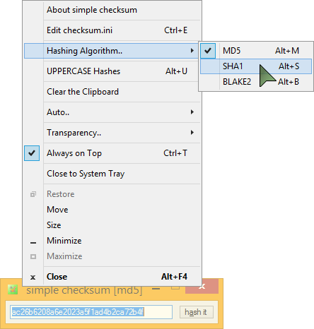 simple checksum's application menu - algorithm sub-menu selected