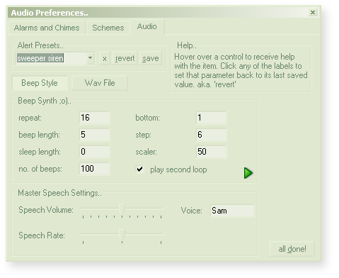 corz clock audio preferences tab - the sweeper siren beep synth preset is selected