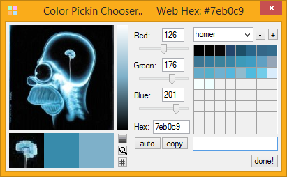 screenshot image of Color Pickin Chooser displaying x-ray of Homer Simpson's brain, and lots of blues