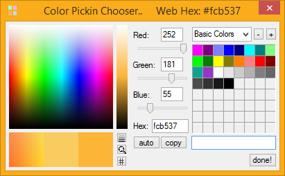 screenshot image of Color Pickin Chooser displaying a basic set of colours and a standard color picker image