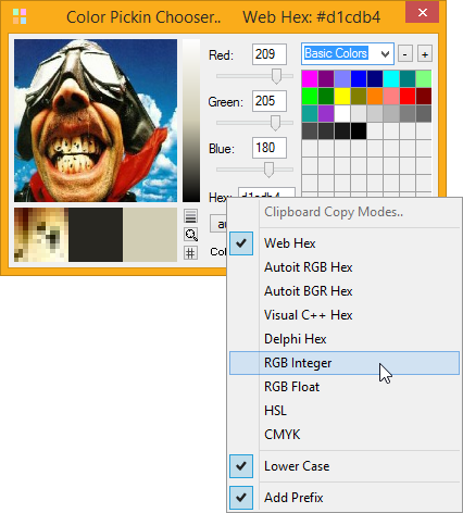 screenshot image of Color Pickin Chooser displaying its color output context menu with options for all sorts of formats.