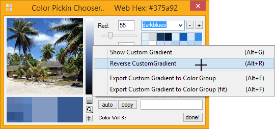 screenshot image of Color Pickin Chooser displaying its gradient context menu with options.