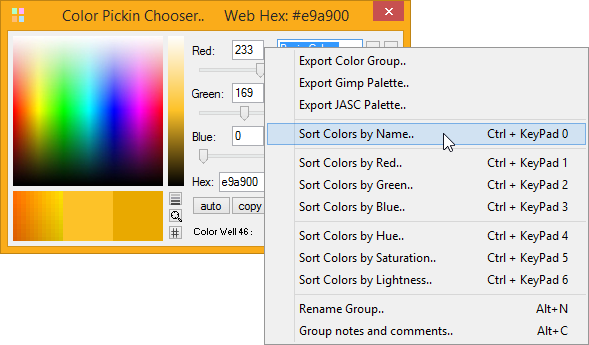 screenshot image of Color Pickin Chooser displaying its groups selector context menu with options for export, sorting, notes and more.