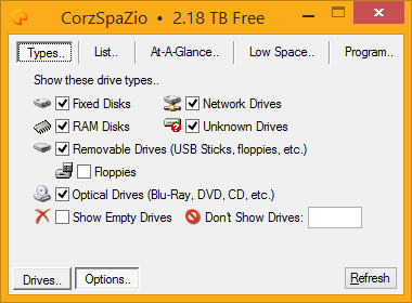CorzSpaZio options tab, disk type options