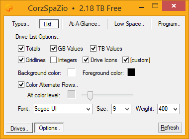 CorzSpaZio options tab, disk list visual options