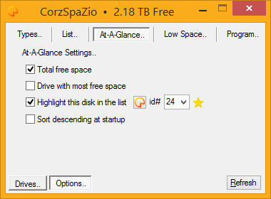 CorzSpaZio options tab, At-A-Glance settings