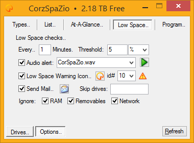 CorzSpaZio options tab, Low Space Alert options
