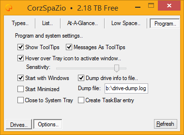 CorzSpaZio options tab, Program & System settings