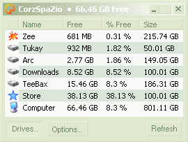 CorzSpaZio main window, with the disks column contracted to show only the icons, not the names.